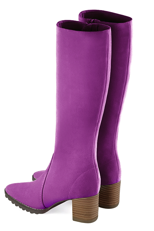 Mauve purple women's riding knee-high boots. Round toe. Medium block heels. Made to measure. Rear view - Florence KOOIJMAN